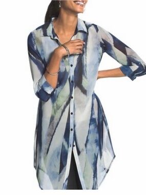 Chico's Blue and Green Abstract Button-Front Tunic Blouse